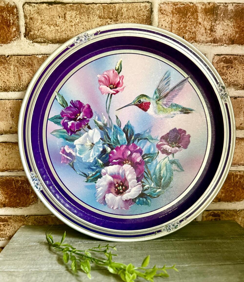 Giftco Hummingbird Serving Tray | Round Metal Floral Tray | Purple Flower